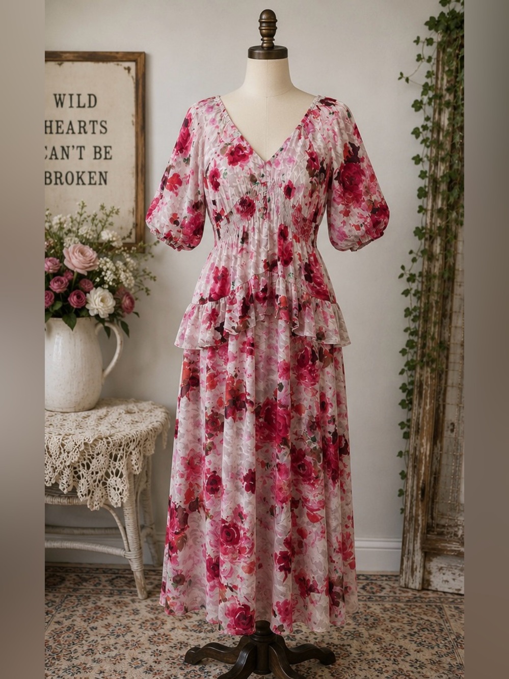 Floral Midi Dress Roses Smocked Waist Feminine Romantic Cottagecore Euro Summer - Picture 2 of 16